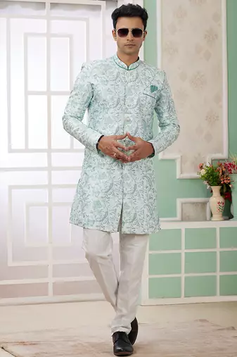 banarasi jacquard green festival wear pattern pc work readymade indo western