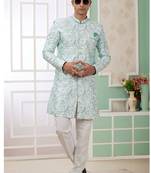 banarasi jacquard green festival wear pattern pc work readymade indo western