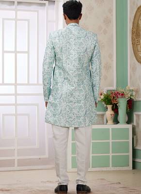 banarasi jacquard green festival wear pattern pc work readymade indo western 2