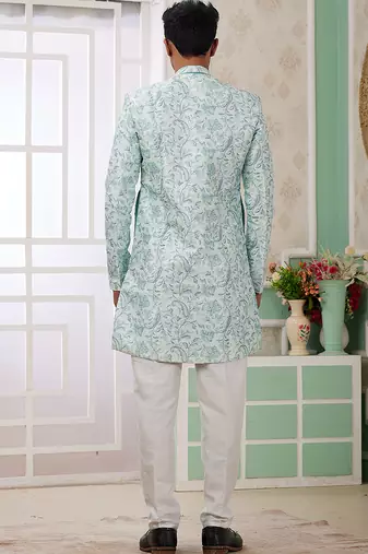 banarasi jacquard green festival wear pattern pc work readymade indo western