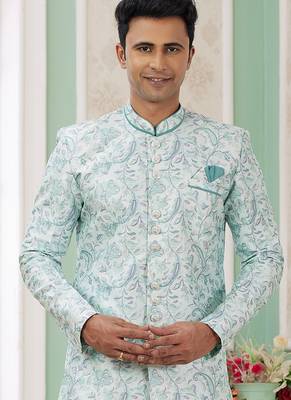 banarasi jacquard green festival wear pattern pc work readymade indo western 3