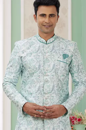 banarasi jacquard green festival wear pattern pc work readymade indo western