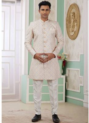 banarasi jacquard beige festival wear pattern pc work readymade indo western 1