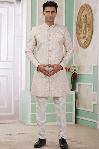 banarasi jacquard beige festival wear pattern pc work readymade indo western