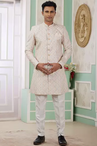 banarasi jacquard beige festival wear pattern pc work readymade indo western