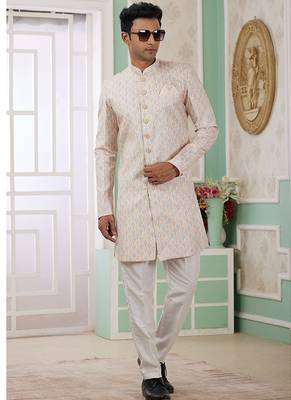 banarasi jacquard beige festival wear pattern pc work readymade indo western 2