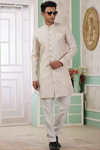 banarasi jacquard beige festival wear pattern pc work readymade indo western