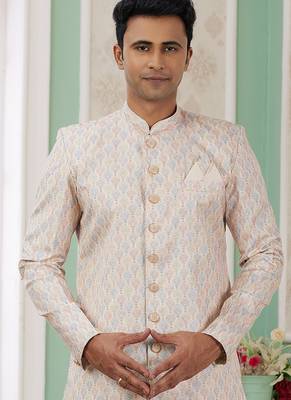 banarasi jacquard beige festival wear pattern pc work readymade indo western 3