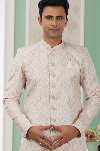 banarasi jacquard beige festival wear pattern pc work readymade indo western