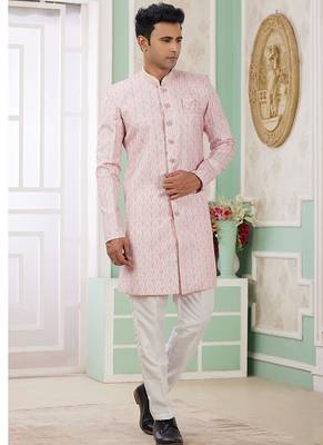 banarasi jacquard baby pink festival wear pattern pc work readymade indo western 1