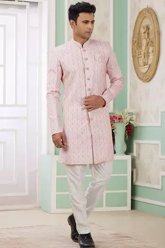 banarasi jacquard baby pink festival wear pattern pc work readymade indo western