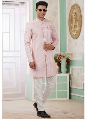 banarasi jacquard baby pink festival wear pattern pc work readymade indo western 2