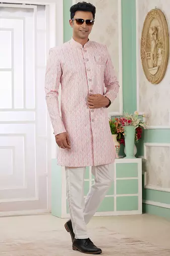 banarasi jacquard baby pink festival wear pattern pc work readymade indo western