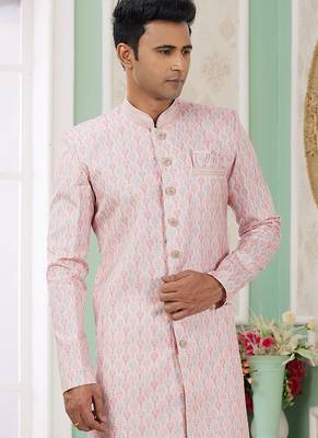banarasi jacquard baby pink festival wear pattern pc work readymade indo western 3