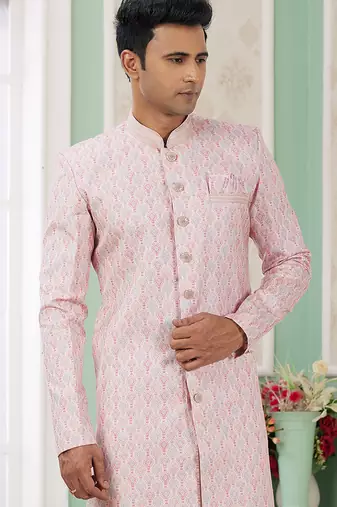 banarasi jacquard baby pink festival wear pattern pc work readymade indo western
