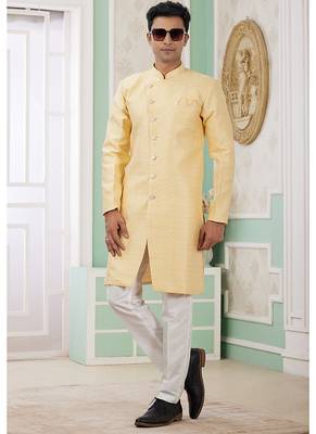 banarasi jacquard yellow festival wear pattern pc work readymade indo western 1