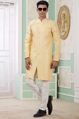 banarasi jacquard yellow festival wear pattern pc work readymade indo western