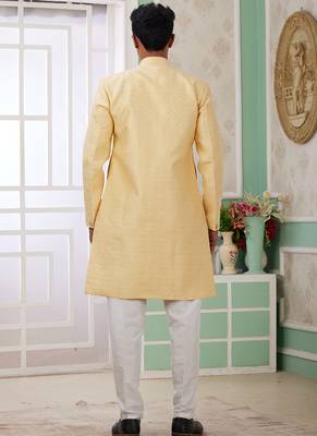banarasi jacquard yellow festival wear pattern pc work readymade indo western 2