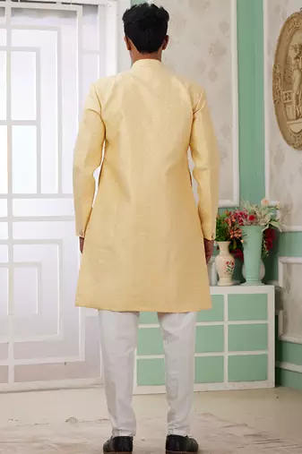 banarasi jacquard yellow festival wear pattern pc work readymade indo western