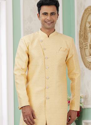 banarasi jacquard yellow festival wear pattern pc work readymade indo western 3