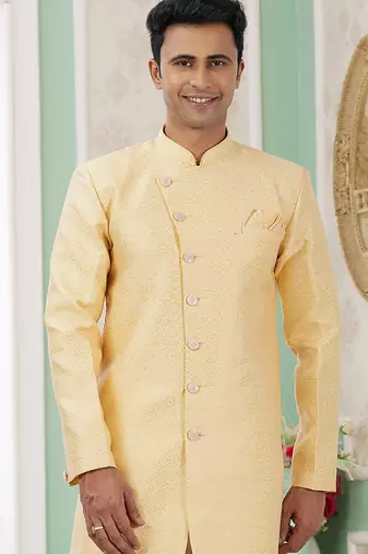 banarasi jacquard yellow festival wear pattern pc work readymade indo western