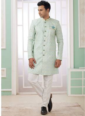 banarasi jacquard light green festival wear pattern pc work readymade indo western 1