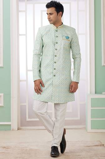 banarasi jacquard light green festival wear pattern pc work readymade indo western