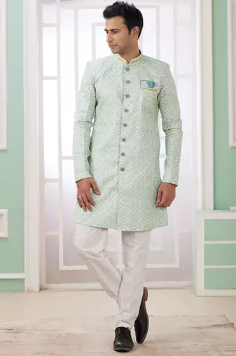 banarasi jacquard light green festival wear pattern pc work readymade indo western