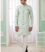 banarasi jacquard light green festival wear pattern pc work readymade indo western