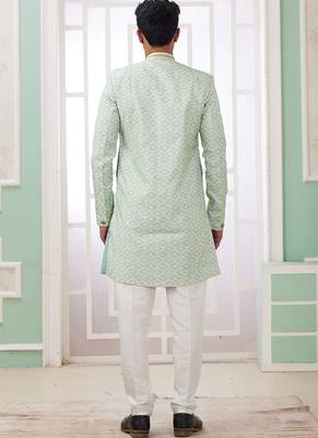 banarasi jacquard light green festival wear pattern pc work readymade indo western 2