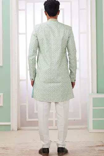 banarasi jacquard light green festival wear pattern pc work readymade indo western