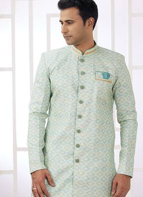 banarasi jacquard light green festival wear pattern pc work readymade indo western 3