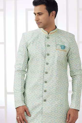 banarasi jacquard light green festival wear pattern pc work readymade indo western