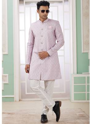 banarasi jacquard pink festival wear pattern pc work readymade indo western 1