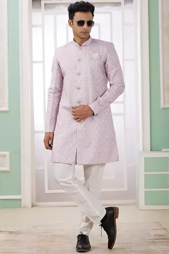 banarasi jacquard pink festival wear pattern pc work readymade indo western