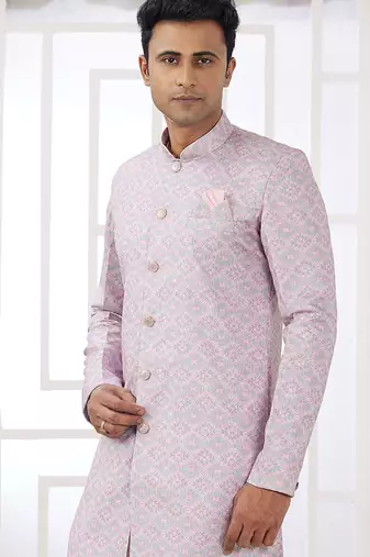 banarasi jacquard pink festival wear pattern pc work readymade indo western