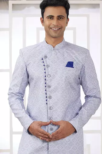 banarasi jacquard light blue festival wear embroidery work readymade indo western