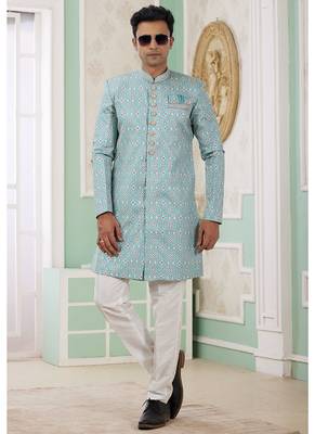 banarasi jacquard turquoise blue festival wear pattern pc work readymade indo western 1