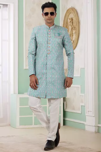 banarasi jacquard turquoise blue festival wear pattern pc work readymade indo western