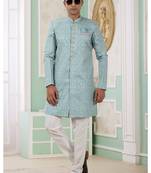 banarasi jacquard turquoise blue festival wear pattern pc work readymade indo western