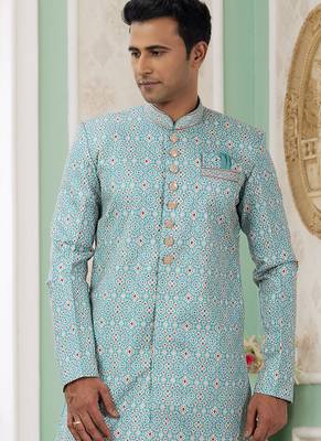 banarasi jacquard turquoise blue festival wear pattern pc work readymade indo western 2