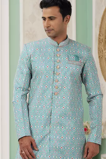 banarasi jacquard turquoise blue festival wear pattern pc work readymade indo western