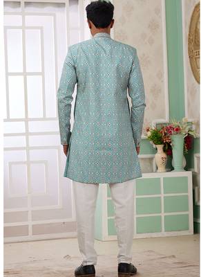 banarasi jacquard turquoise blue festival wear pattern pc work readymade indo western 3