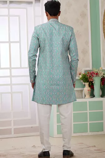 banarasi jacquard turquoise blue festival wear pattern pc work readymade indo western