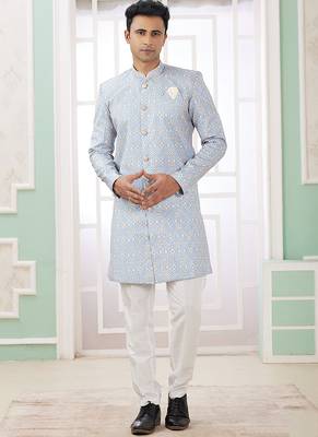 banarasi jacquard sky blue festival wear embroidery work readymade indo western 1