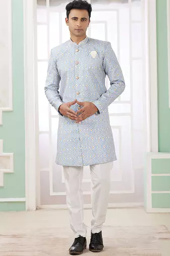 banarasi jacquard sky blue festival wear embroidery work readymade indo western