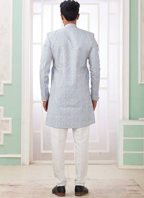 banarasi jacquard sky blue festival wear embroidery work readymade indo western 2