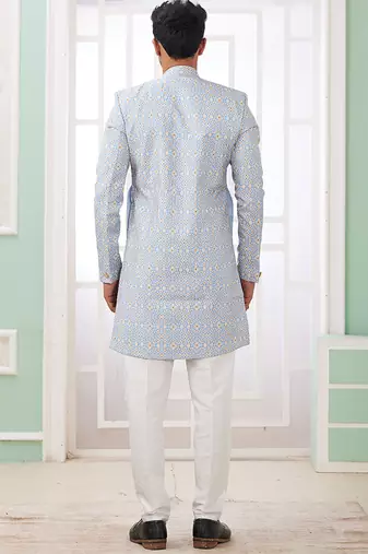 banarasi jacquard sky blue festival wear embroidery work readymade indo western