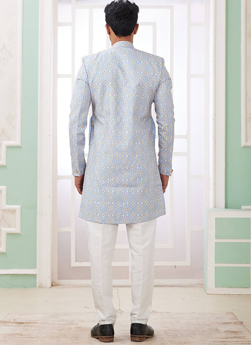 banarasi jacquard sky blue festival wear embroidery work readymade indo western