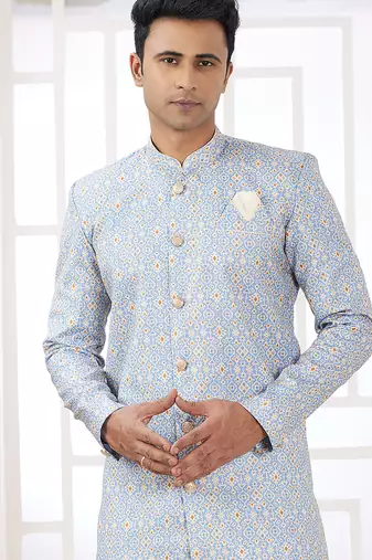 banarasi jacquard sky blue festival wear embroidery work readymade indo western
